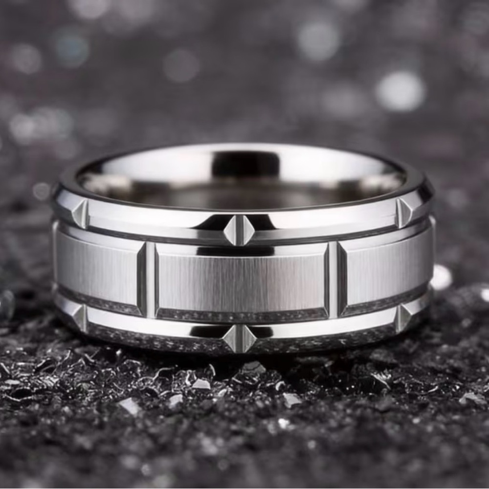 Modern Tungsten Matte Silver Finish Tone Geometric Block Detailed Ring UNISEX